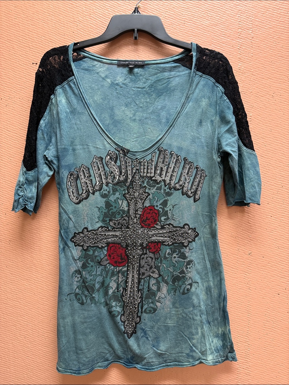 EUC Buckle exclusive Crash and Burn Graphic Cross Tee with Lace Shoulders